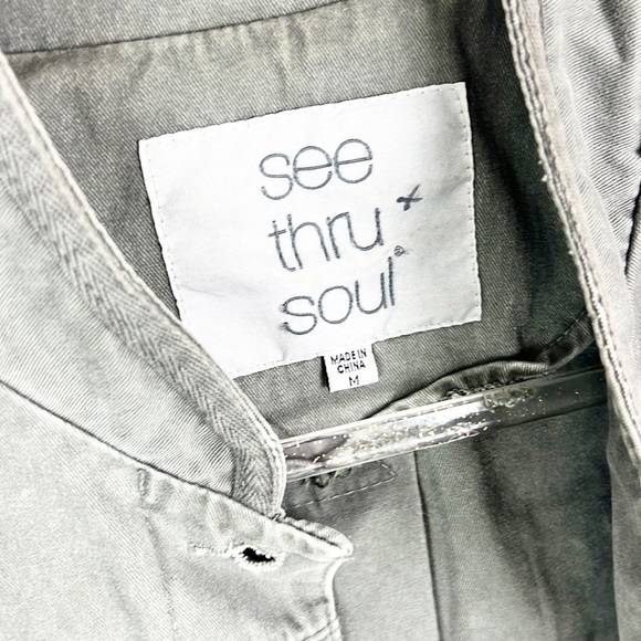 SEE THRU SOUL |🪖Army Green Faded Washed Military Style Button-Up Utility Jacket - Picture 11 of 15